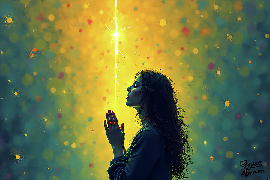 Woman in Prayer Under Magical Light Illustration Digital Art by Reeves Abram - Pastor Reeves Studio - Metal Posters