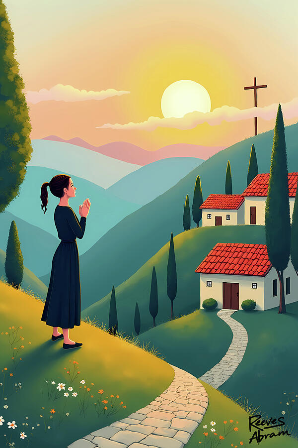 Woman Praying at Sunset Toward Cross Digital Art by Reeves Abram - Pastor Reeves Studio - Metal Posters