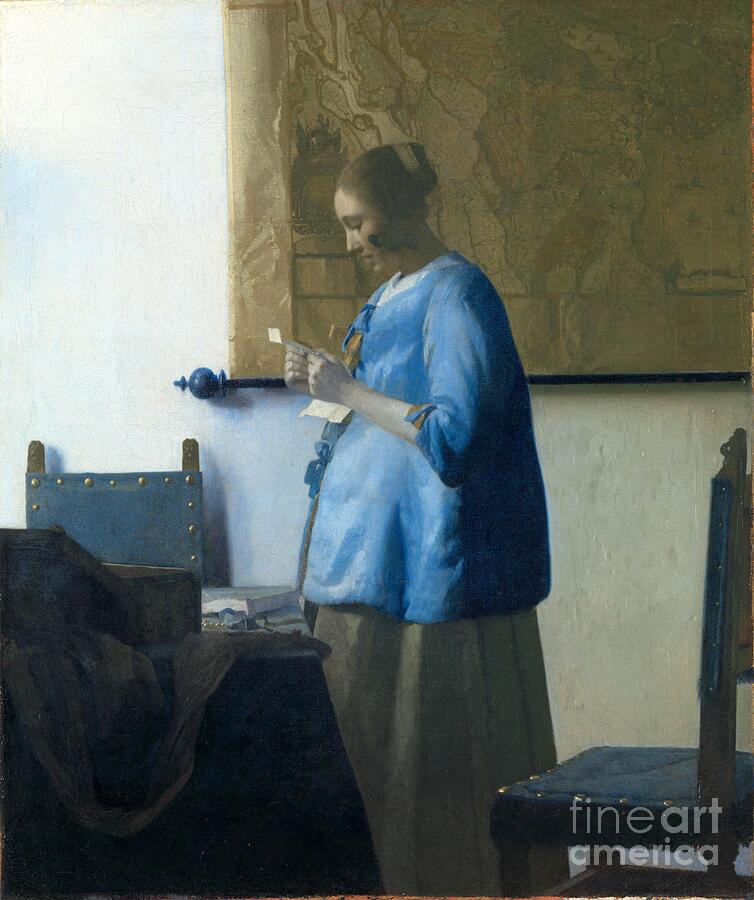 Johannes Vermeer, Woman Reading a Letter, c. 1663: a young woman in a blue jacket reading a letter by a table