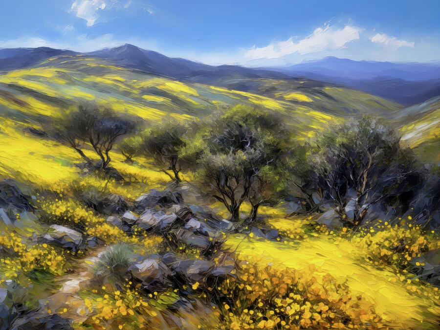 Yellow Blossoms on Hillside Ai Art - Yellow Blossoms on Hillside by Ursula Abresch