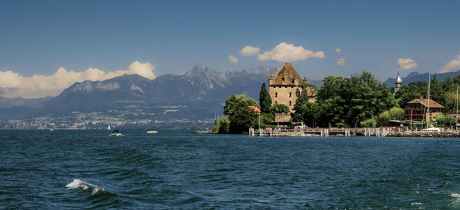 Château on Lake Geneva Photograph - Yvoire and the Alps by Steven Nelson