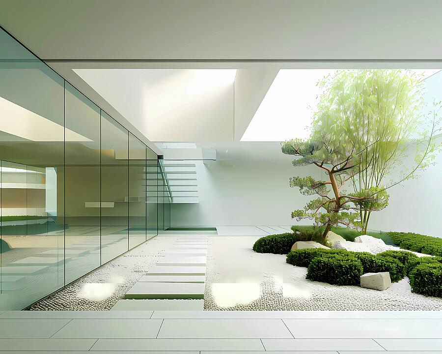 Zen_garden_design_minimalist_calming_greens_and_whites_No 1 Digital Art by Andre Petrov