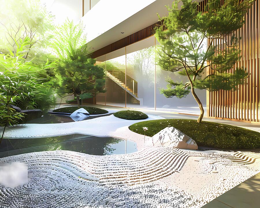 Zen_garden_design_minimalist_calming_greens_and_whites_No 2 Digital Art by Andre Petrov