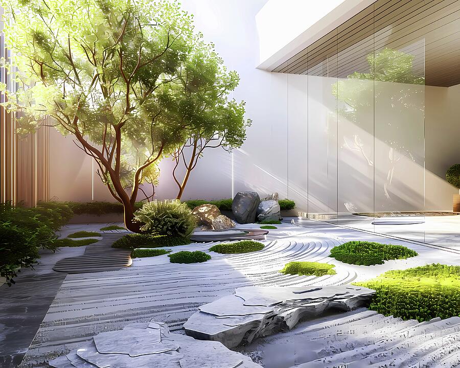Zen_garden_design_minimalist_calming_greens_and_whites_No 3 Digital Art by Andre Petrov