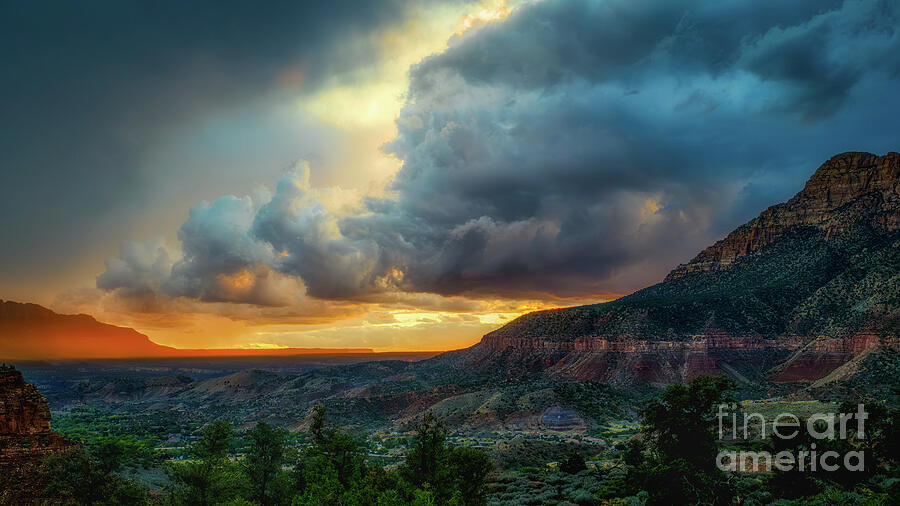 Stormy Sunset Over Mountain Range Photograph - Zion Between Flame and Thunder by Dodie Ross
