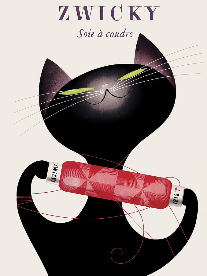 Zwicky - Black Cat - Soie a coudre - vintage Swiss silk thread advertisement poster Mixed Media by Donald Brun