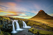 Sunset over Kirkjufellsfoss Waterfall and Kirkjufell mountain  #2 Photograph by Miroslav Liska