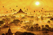Scenic sunrise above Bagan in Myanmar #6 Painting by Miroslav Liska