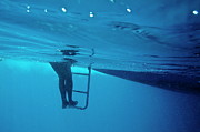 Bare legs descending underwater from the ladder of a boat Photograph by Sami Sarkis Photography
