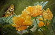 Butterfly Among Yellow Flowers Painting by Angeles M Pomata