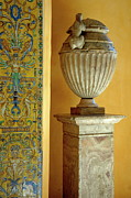 Faience tiles and a sculpted vase decorating the Patio del Crucero in the Alcazar of Seville Photograph by Sami Sarkis Photography