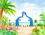 Playa del Carmen Portal Maya Statue Painting by Carlin Blahnik CarlinArtWatercolor