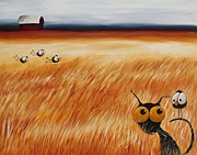 Stressie Cat and crows in the hay fields Painting by Lucia Stewart