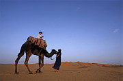 Touareg man leading boy riding camel in Sahara Desert Photograph by Sami Sarkis Photography