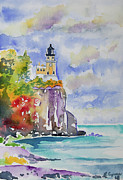 Watercolor - Autumn at Split Rock Lighthouse Painting by Cascade Colors