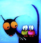 Stressie Cat and the Whimsical birds #1 Painting by Lucia Stewart