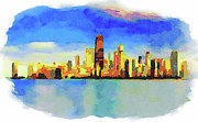 Chicago skyline at sunset viewed from North Avenue Beach #9 Painting by Miroslav Liska
