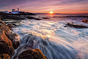 Crashing Waves at Sunrise, Nubble Light. Photograph by Jeff Sinon