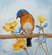 Flower Peeping Eastern Bluebird Painting by Angeles M Pomata