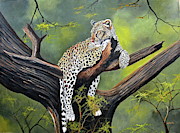 Leopard in a Tree Painting by Wycliffe Ndwiga