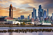 Nj, Wooden Pier Pillars In The Hudson River, Erie Lackawanna Train Station In Hoboken, New Jersey And The Skyline Of Manhattan Digital Art by Lumiere