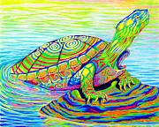 Psychedelic Neon Rainbow Painted Turtle Drawing by Rebecca Wang