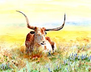 Texas Longhorn, Bluebonnets and Sunshine Painting by Carlin Blahnik CarlinArtWatercolor