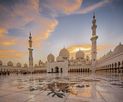 United Arab Emirates, Emirate Abu Dhabi, Abu Dhabi, Arab States Of The Persian Gulf, Arabian Peninsula, Sheikh Zayed Grand Mosque, The Inner Courtyard At The Sunset Digital Art by Massimo Borchi
