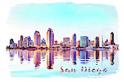 Watercolor painting of San Diego Skyline at sunset from Coronado Digital Art by Steven Heap