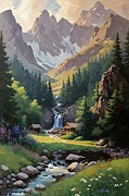 Painting of a tranquil rocky mountain waterfalls Digital Art by Nature Oil Painting