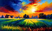 Agricultural land with houses and trees at sunset - colorful impressionist painting Digital Art by Nicko Prints