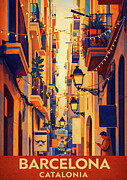 Barcelona Street Lights Travel Poster - Golden Alleyway Art - Mediterranean Gothic Quarter Decor Art Photograph by Travel Essayist