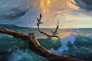 Beach Sunset With Flying Seagulls Digital Oil Painting Digital Art by Nature Oil Painting
