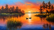 Black ducks on a lake, under a beautiful red sunset sky - digital painting Digital Art by Nicko Prints