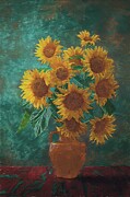 Bouquet Of Ten Sunflowers In A Vase Digital Oil Painting Digital Art by Nature Oil Painting