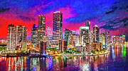 Brickell Bay Drive skyline at twilight, Miami - digital painting Digital Art by Nicko Prints