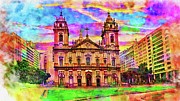 Candelaria Church, or Igreja da Candelaria, in Rio de Janeiro - pen and watercolor Digital Art by Nicko Prints