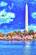 Cherry Blossoms at the Tidal Basin with the Washington Monument and Monet's sky Digital Art by Bruce Block