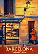 Colorful Barcelona Travel Poster Art - Fruites i Verdures Market Scene, Modern Catalonia Spain Wall Photograph by Travel Essayist