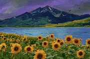 Colorful Painting Of Sunflowers And Mountains Digital Oil Painting Digital Art by Nature Oil Painting