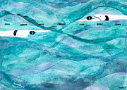 Girl Boy Swim Bright Blue Horizontal Mixed Media by Mary Conner