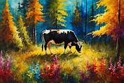 Cow grazing in a colorful forest - digital painting Digital Art by Nicko Prints