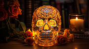 Day of the Dead Glowing Crystal Skull Still Life with Roses and Candle Digital Art by Michel Cruz-Garcia