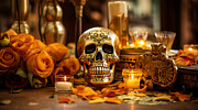Day of the Dead Golden Skull on a Table with Roses and Candlelight Digital Art by Michel Cruz-Garcia