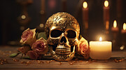 Day of the Dead Golden Skull with Pink Roses Sitting by the Candlelight Digital Art by Michel Cruz-Garcia