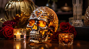 Day of the Dead Halloween Gold Skull Still Life with Candles and Red Roses Digital Art by Michel Cruz-Garcia