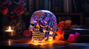 Day of the Dead of Vanitas Glowing Crystal Skull with Flowers and Candles Digital Art by Michel Cruz-Garcia