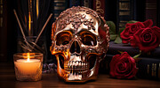 Dia de los Muertos Bronze Skull Still Life with Candle and Red Roses Digital Art by Michel Cruz-Garcia