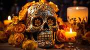 Dia de Los Muertos Decorated Skull Still Life with Orange Flowers Sitting by Candlelight Digital Art by Michel Cruz-Garcia