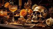 Dia de Los Muertos Golden Skull Still Life with Orange Flowers and Gold Pedals Digital Art by Michel Cruz-Garcia